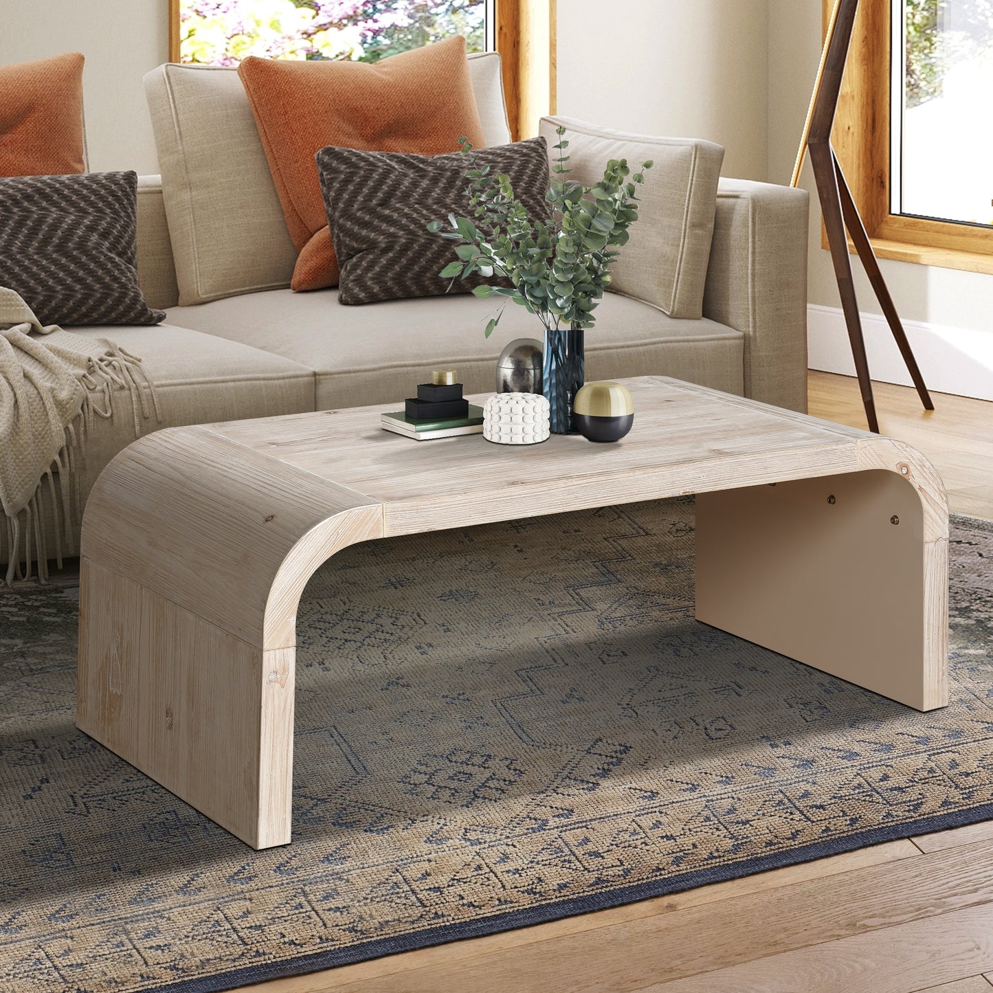 Farmhouse  Vintage Crafts Coffee Table,Curved Art Deco Design, Easy Assembly, 48  W X 24  D X 18   Antique Natural
