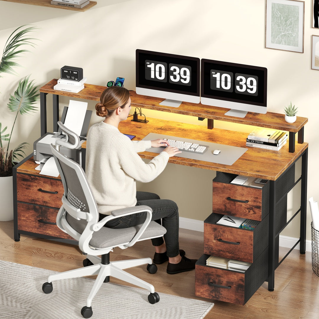 67-inch Computer Desk, Equipped With 5 Drawers And A Monitor Stand. The Gaming Table Comes With LED Lights And Power Sockets. The Printer Cabinet.