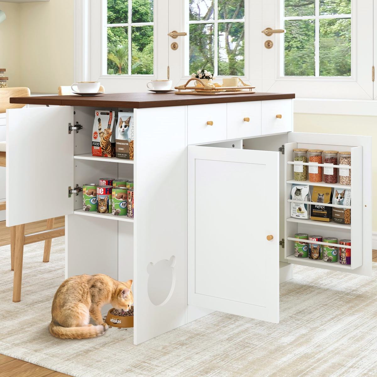Kitchen Island, Kitchen Trolley & Sideboard With Drawers  With Pull-out Worktop, Spice Rack, Pet Eating Area  Without Cat Plate , White   Walnut Colour, 120x40 30 X90 Cm