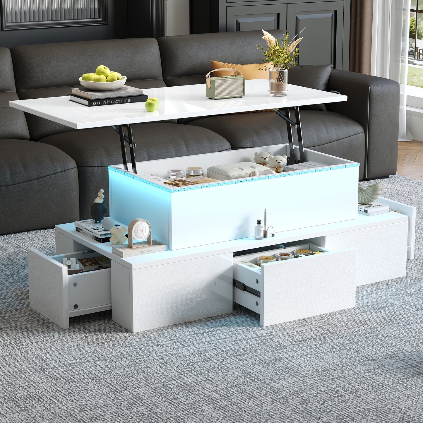 Liftable Coffee Table With 4 Drawers, High-gloss Side Table With LED Lighting, Sofa Table, Coffee Table, Living Room Table With Hidden Storage, White, MDF