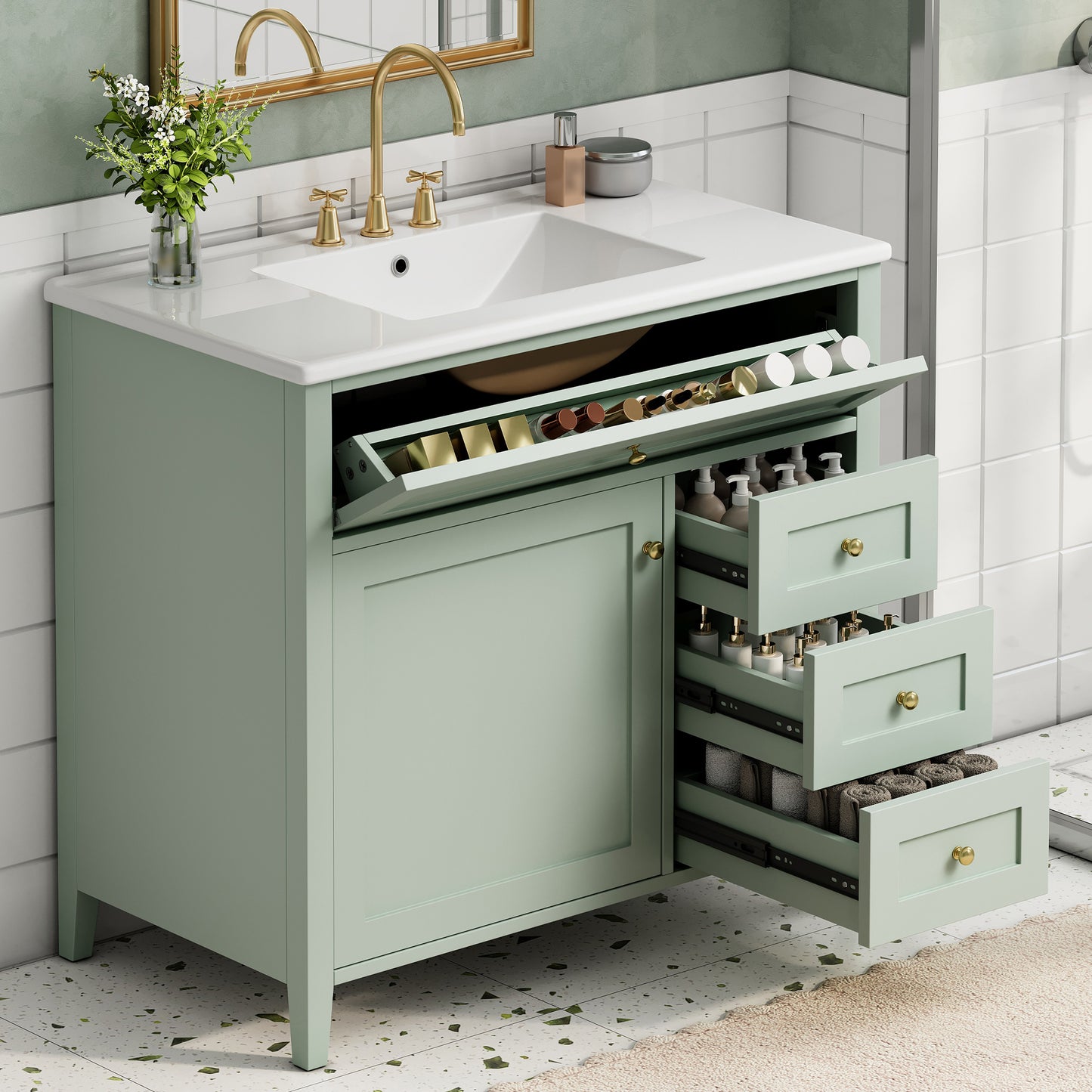 36-Inch Green Bathroom Vanity With Sink, Modern MDF And Rubberwood Cabinet With 3 Drawers And Adjustable Shelf, Freestanding Vanity For Bathroom Storage And Organization Left Door