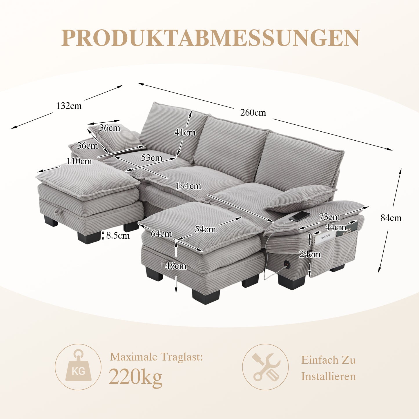 Modular 3-seater Corduroy Sofa  With 2 Stools Wide Seat, Ergonomic Design, High-density Foam Padding, USB-C Port And Side Pockets.Ideal For Living Room, Office Or Lounge.Light Grey