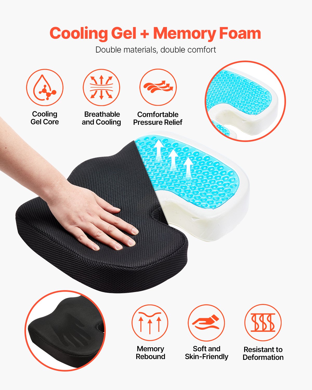 Seat Cushion, Cooling Gel + Memory Foam Seat Cushion, Pressure-Relief Wheelchair Seat Pad With U-Shaped Cutout & Removable Cover, Lightweight And Portable For Travel, Car, Office, Airplane