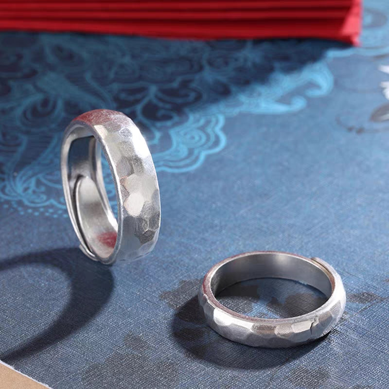 1 Pair 999 Sterling Silver Hammered Texture Couple Rings, Minimalist Retro Promise Rings, Ideal Valentine's Day Gift For Lovers