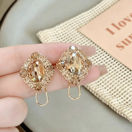 Fashion Gold Super Sparkling Champagne Diamond Inlaid Rhombus Stud Earrings, Minimalist Retro Elegant High-End Exquisite Ear Jewelry For Autumn & Winter