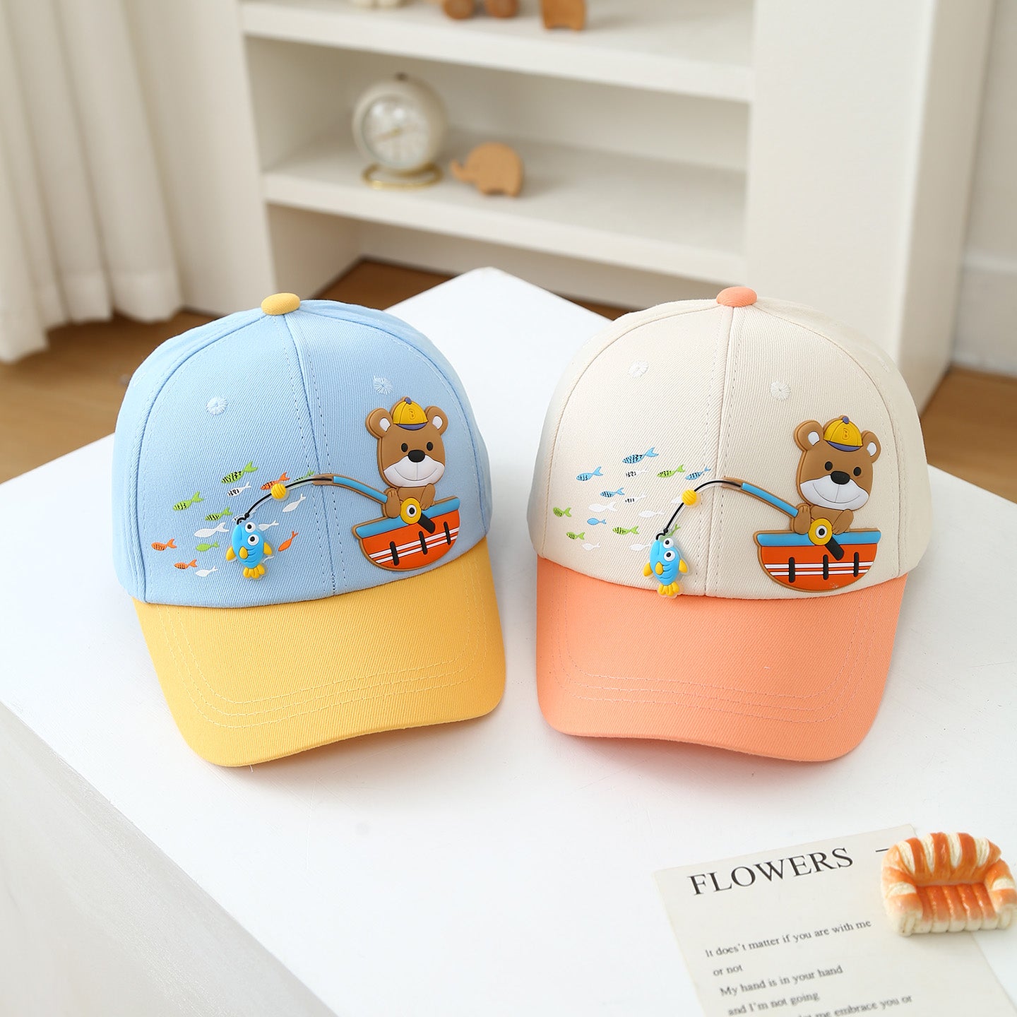 Summer Children's Cartoon Fishing Teddy Bear Patchwork Baby Baseball Cap Suitable For Outdoor Sun Protection And Shade, Ideal For Daily Shopping And Outings.