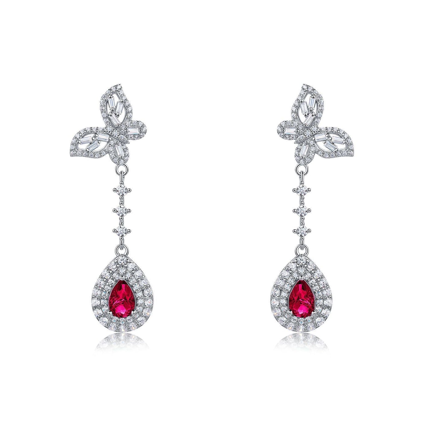 S925 Sterling Silver Bowknot Dangle Earrings, 6x4mm Pear Lab-Grown Ruby Sapphire Emerald, Platinum Plated 4.5g Women's Jewelry Gift Box