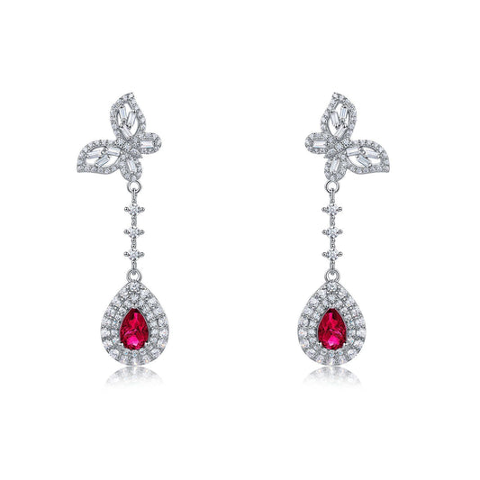 S925 Sterling Silver Bowknot Dangle Earrings, 6x4mm Pear Lab-Grown Ruby Sapphire Emerald, Platinum Plated 4.5g Women's Jewelry Gift Box