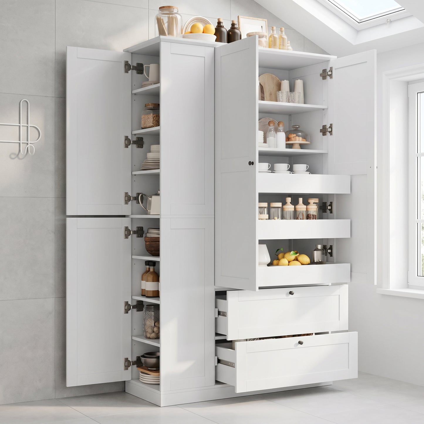 TOPMAX 73.6  Tall Farmhouse Kitchen Pantry Cabinet With 7 Shelves, 2 Drawers, 3 Pull-Out Trays, 6 Doors And Side Cabinets For Kitchen & Dining Room, White