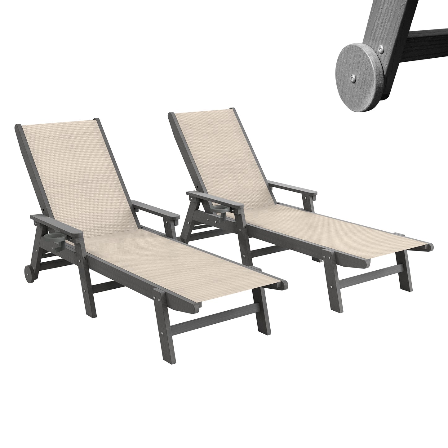 Outdoor Pool Lounge Chairs Set Of 2, HDPE Patio Lounge Chair With Wheels, Chaise Lounge Chair For Pool, Sunbathing Tanning, Lawn, Khaki