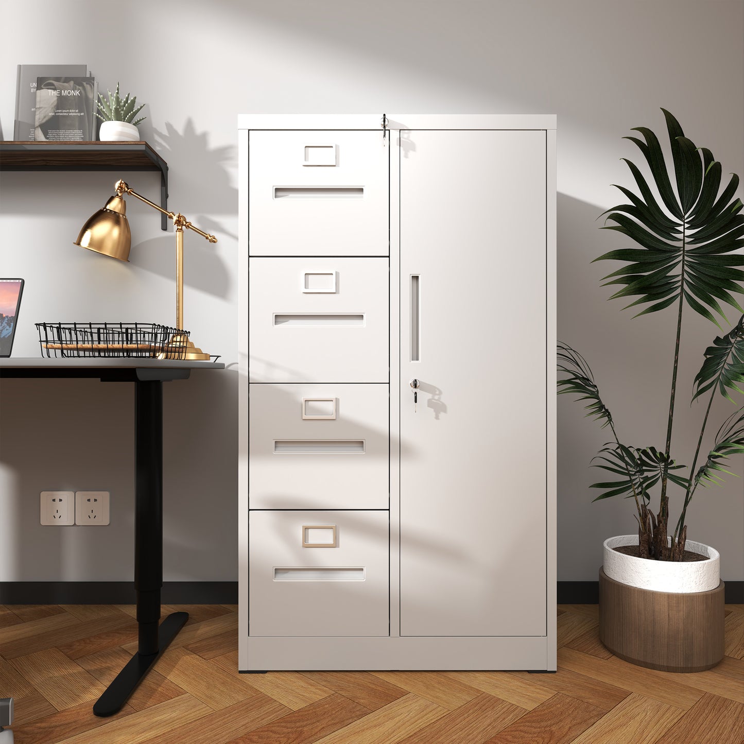 Metal Storage Vertical Filing Cabinet With Lock, Steel File Locker With 4 Drawers And 1 Door For School, Living Room, Bedroom, Office  White