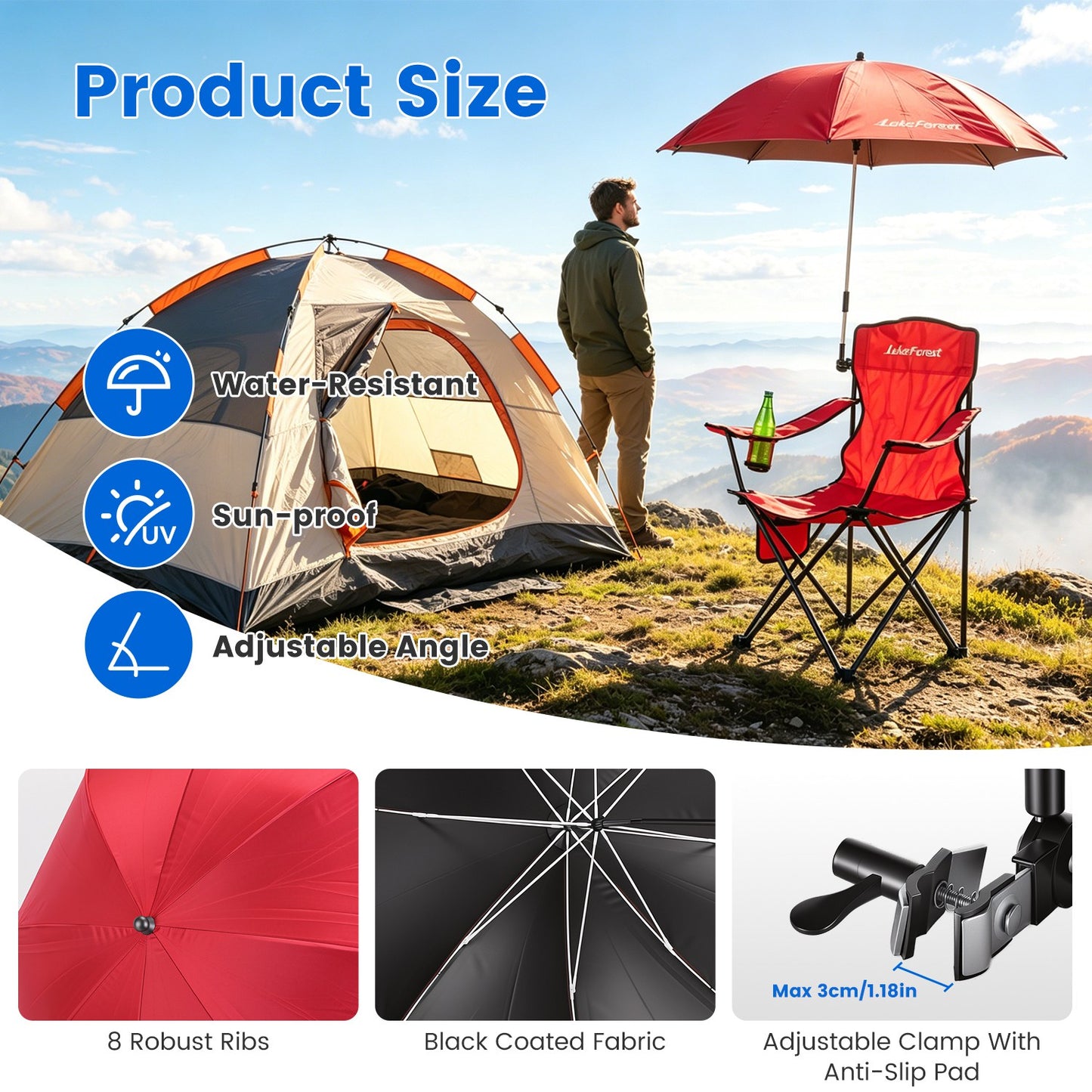 1Pc Camping Chair With Umbrella Lightweight Foldable Outdoor Chair With Cup Holder Detachable Sun Canopy Carrying Bag 330LBS Max Load For Beach Picnic Travel Concert Outdoor Activities