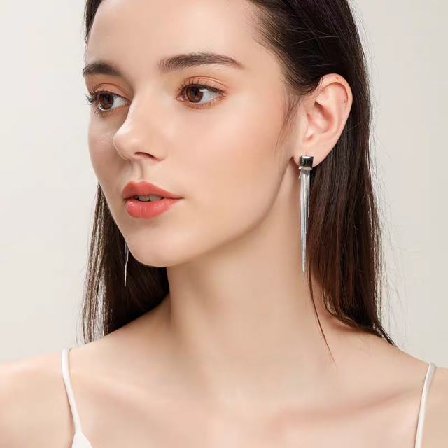 1 Pair 999 Sterling Silver Minimalist Square Long Tassel Earrings, Elegant & Slimming, Perfect For Daily, Party & Dating, Ideal Valentine's Gift