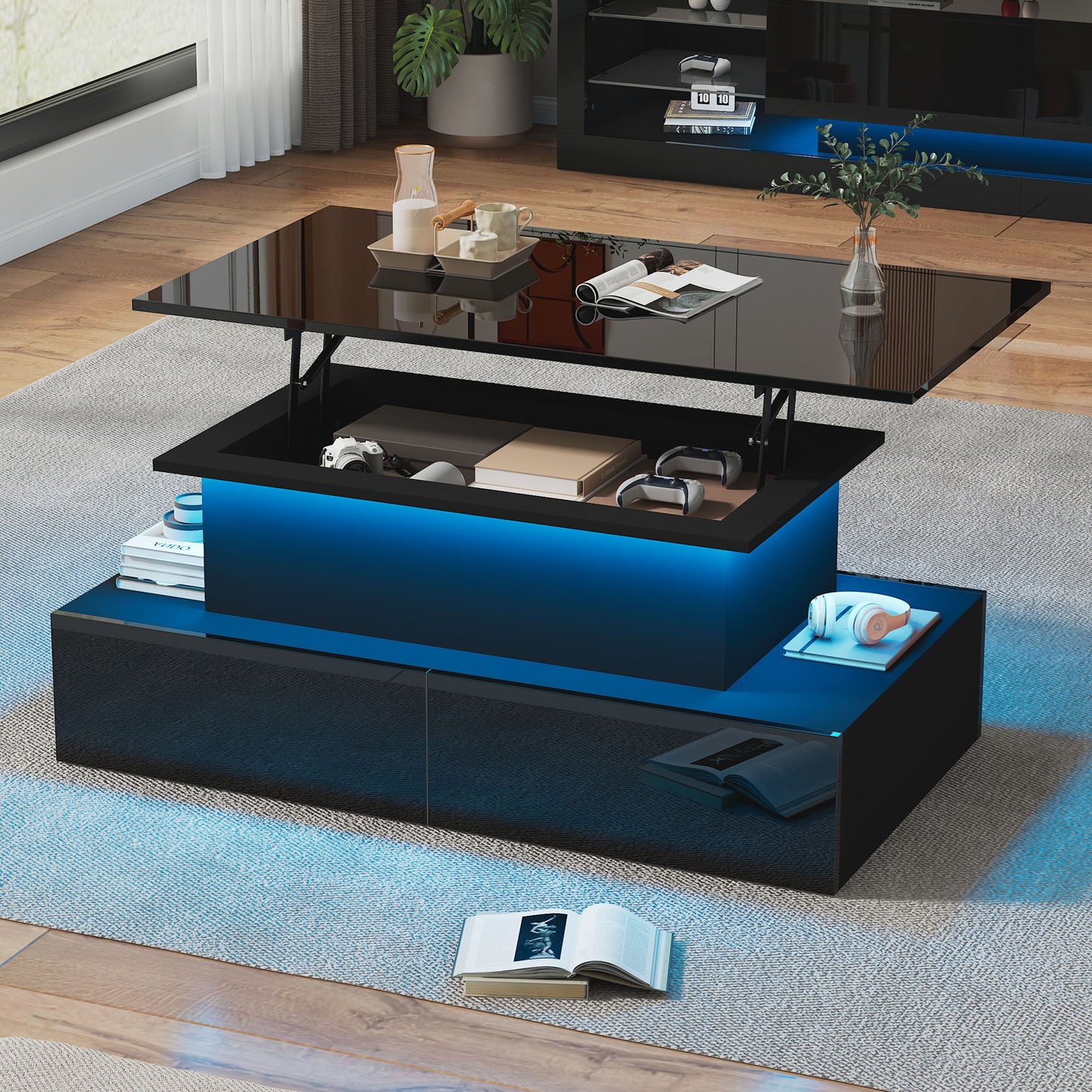 Modern Black High Gloss Coffee Table With LED Lighting And 4 Drawers - Stylish Side Table 90x55x41 Cm With Storage For Up To 30 Kg