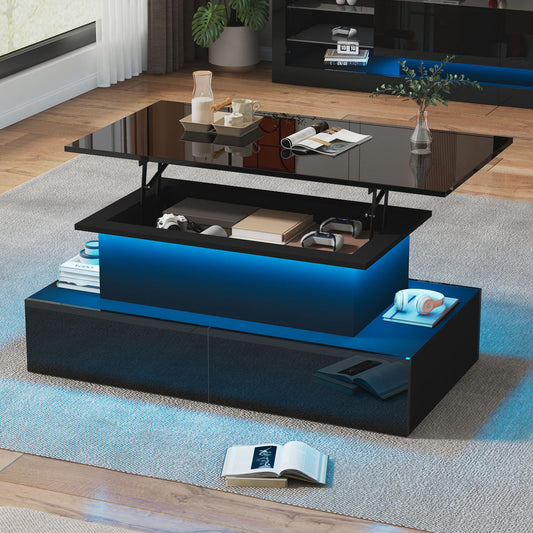 Modern Black High Gloss Coffee Table With LED Lighting And 4 Drawers - Stylish Side Table 90x55x41 Cm With Storage For Up To 30 Kg