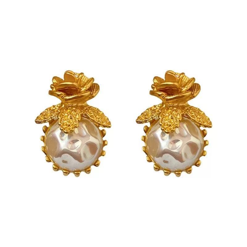 Rhinestone Floral Irregular Pearl Earrings, Elegant Compact Studs, Vintage French Light Luxury Fashion Ear Jewelry For Women