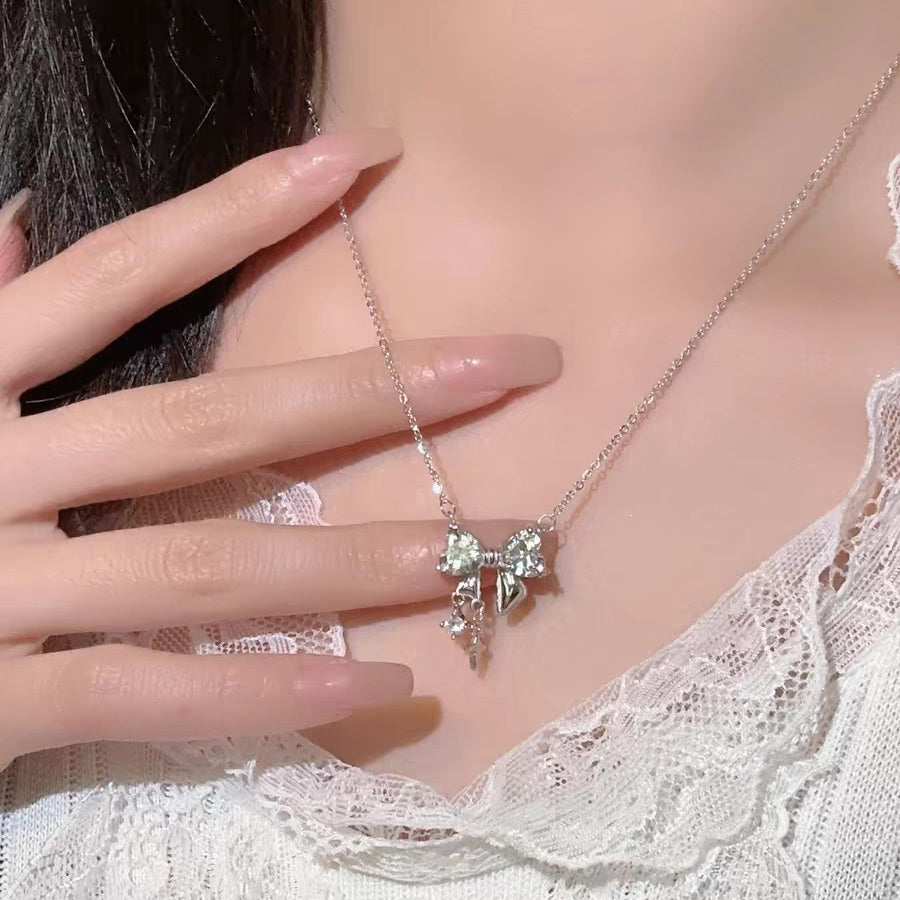 1pc 999 Sterling Silver Diamond-Encrusted Heart Bow Tassel Necklace, Sweet Minimalist Style, Perfect For Daily Wear & Valentine's Gifts