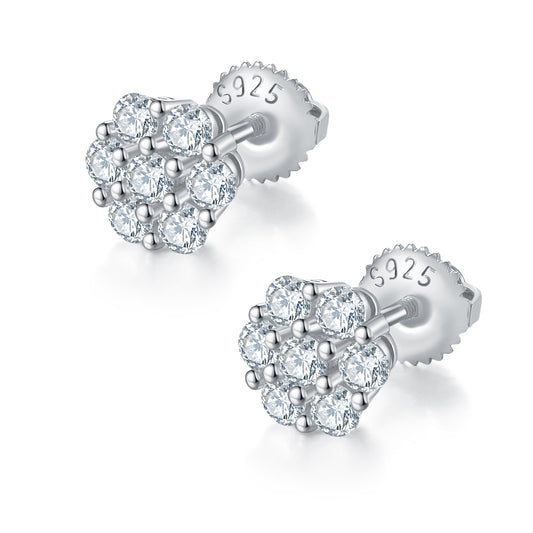 S925 Sterling Silver 14pcs D Color VVS1 Moissanite Cluster Stud Earrings 1.5g Screw Back Hypoallergenic GRA Certified Gift Box