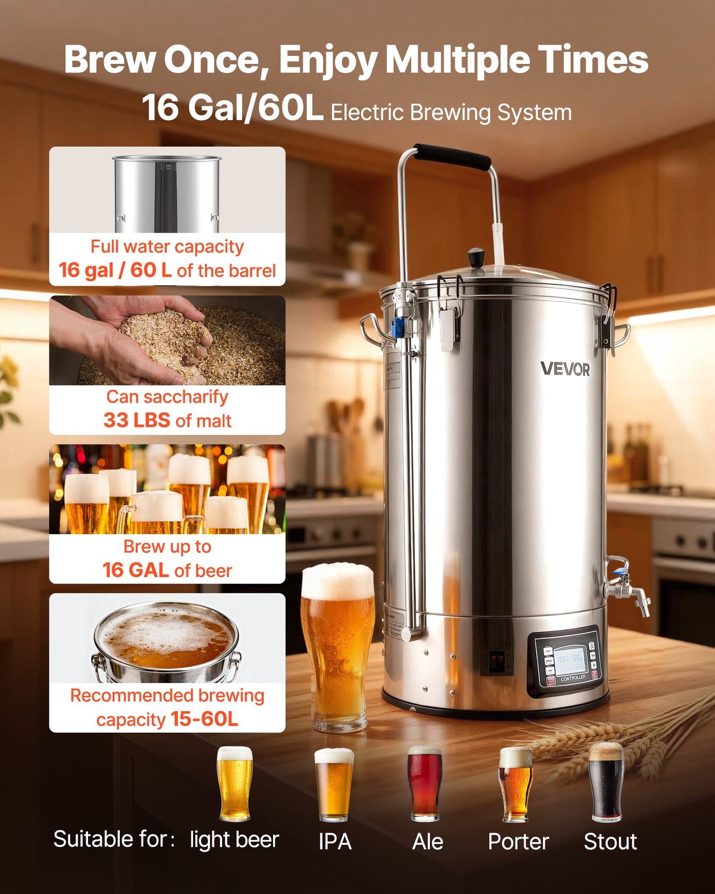 Beer Brewing Equipment, 16 Gal/60L Beer Maker With Anti-Burn Pump And Wort Chiller,3000W All-in-One Home Brewing Kit With Digital Control, Recipe Memory & Timer, Removable Mesh Strainer