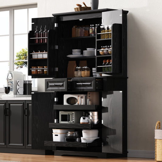 K&K 71   Tall Kitchen Pantry Cabinet With 3 Pull Out Cabinet Organizers, Farmhouse Embossed Texture Storage Cabinet With 6 Door Shelves, 2 Drawers, Freestanding Cupboard For Kitchen, Dining Room Black