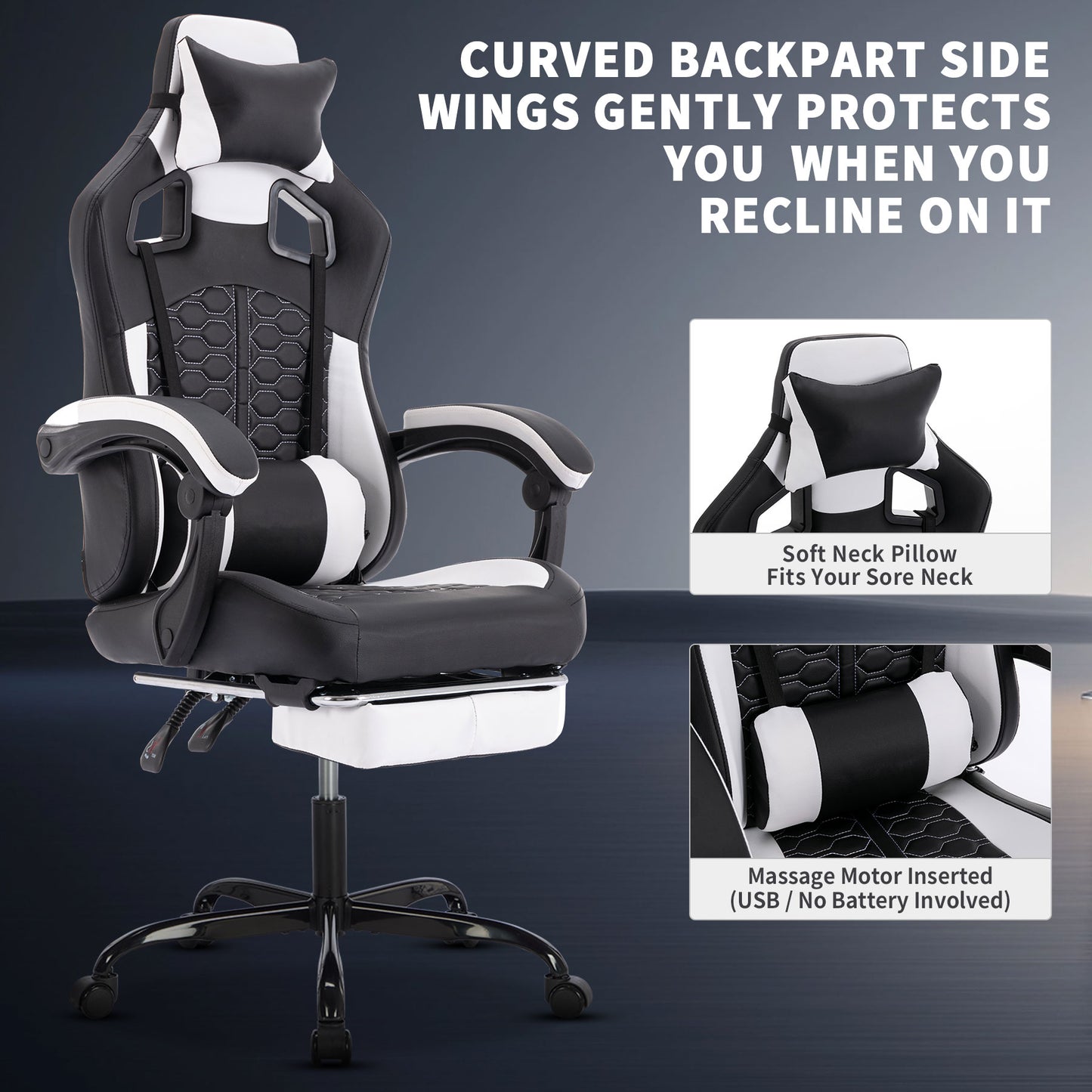 Gaming Chair With Massage,Ergonomic PC Gaming Chair With Footrest Comfortable Headrest And Lumbar Support,High Back PVC Leather,300LBS Black White