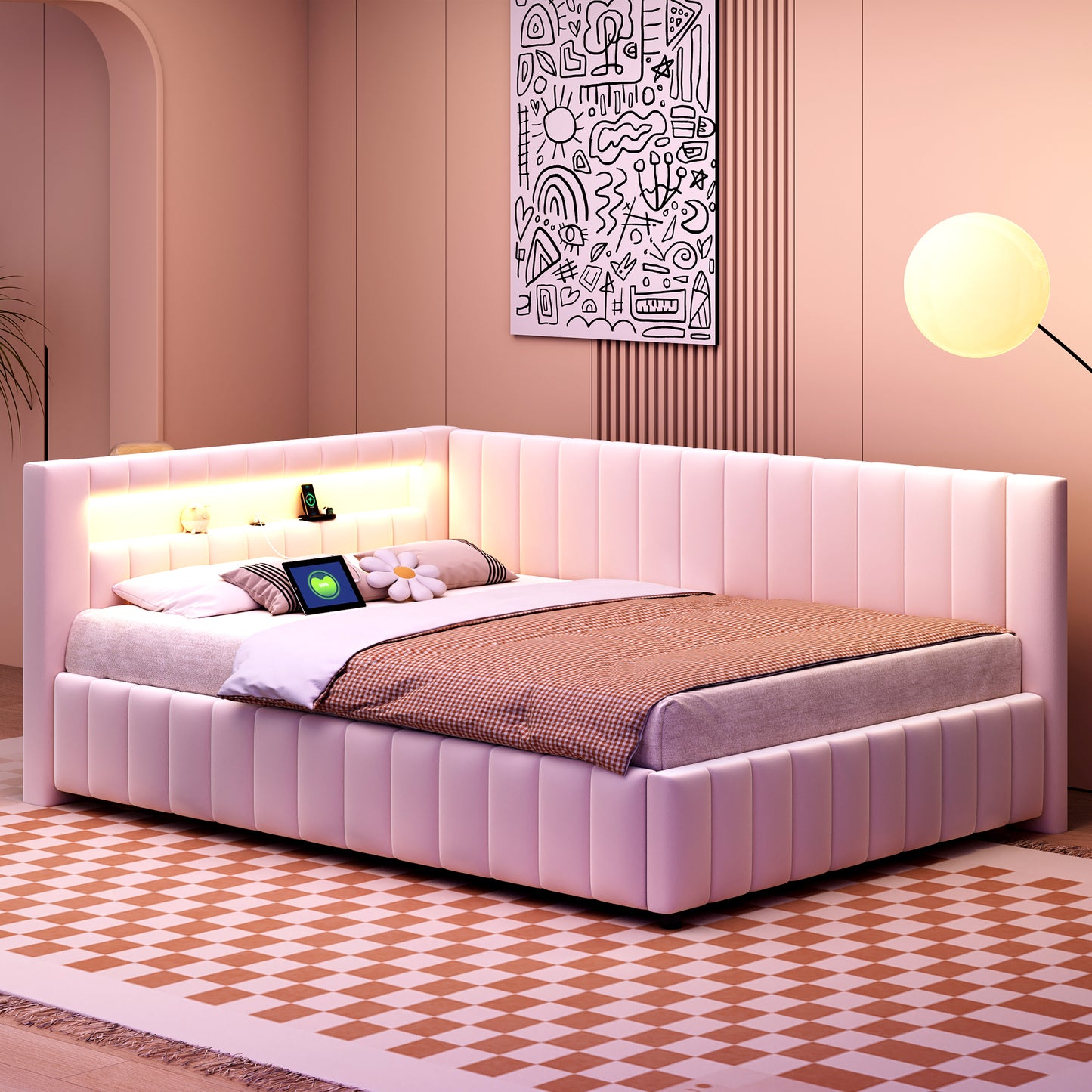 Upholstered Bed Sofa Bed 140x200, Upholstered In Velvet Fabric With LED Light And USB Charging Port, With Backrest, Headboard And Sturdy Bed Frame Beige