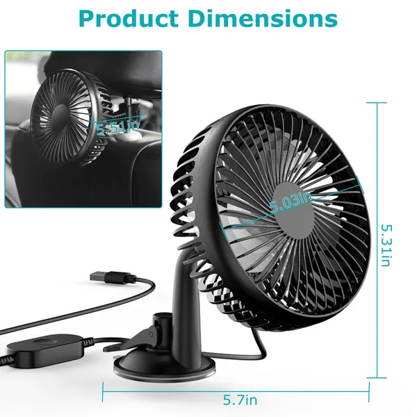 Car Cooling Fan Portable Rotatable USB Vehicle Fan Backseat Clip