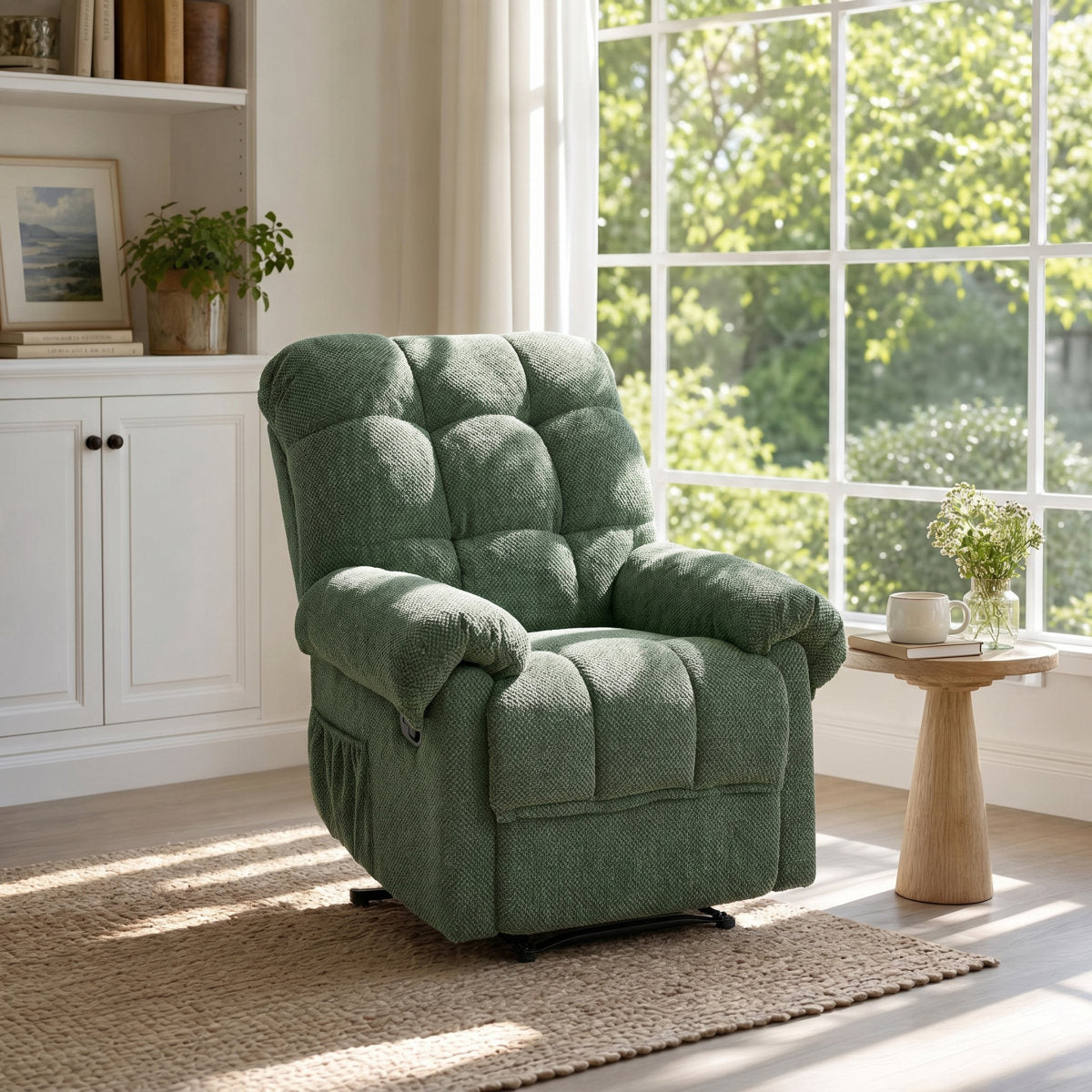 Green Recliner  Chair, Overstuffed Armchair, Manual Recliner, Living Room Seating, Reading Chair, Padded Footrest, Home Theater Seating, Ergonomic Lounge Chair, Soft Fabric Recliner,  Furniture.