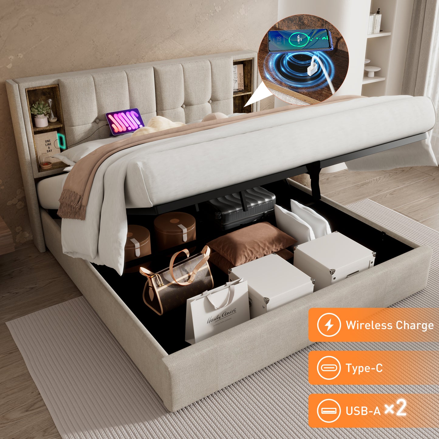 Double Bed With Wireless Charging USB C, Upholstered Bed Bed Frame 160x200cm, Bed Frame With Storage Slatted Base Made Of Wood-natural Linen
