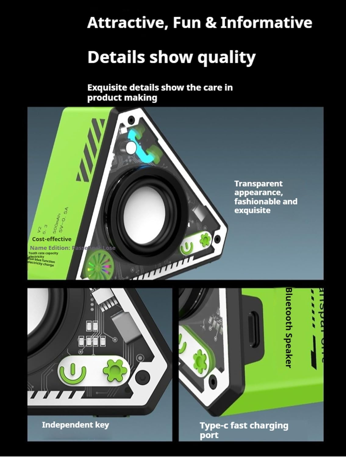 Portable Speakers - 2025 New Transparent Colorful LED Bluetooth 5.3 Speaker, V2 Triangle Mini Wireless Subwoofer,360 Surround Sound Stereo Speaker For Home Party Outdoor Gift Green