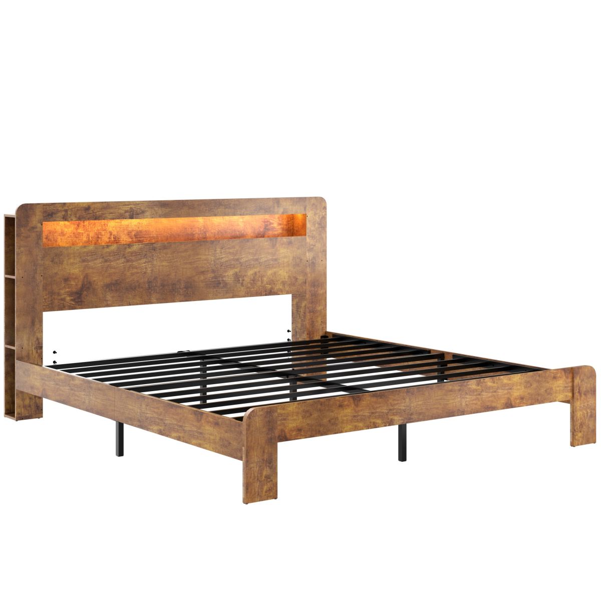 King Wood Bed Frame With LED Headboard, 2 USB & Underbed Storage, Dark Brown