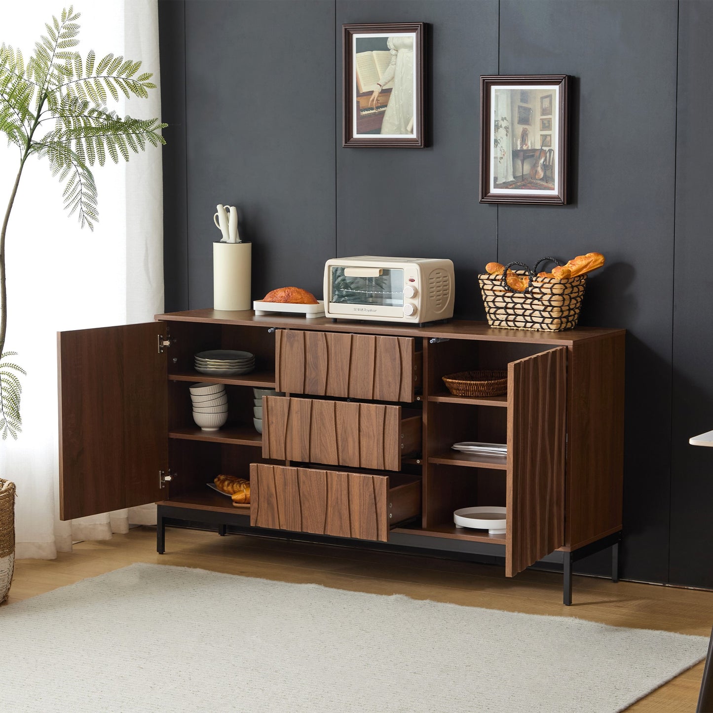 Sideboard 150cm Dark Grained Oak, 3 Drawers, Large Sideboard, Kitchen Cabinet, One-Piece Recess, Mid Century Modern Decorative Cabinet For Kitchen, Living Room, Entryway, Hallway