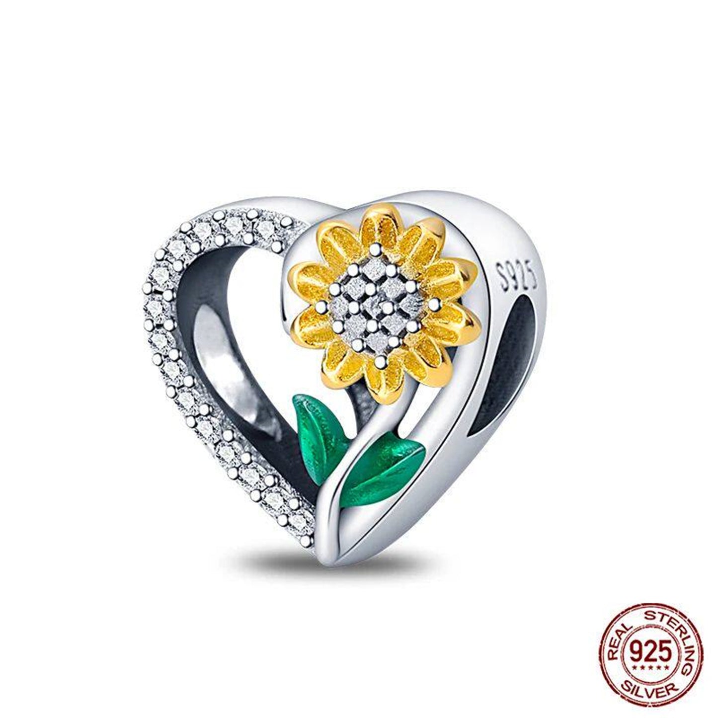 New 925 Sterling Silver Fashion Golden Sunflowers Heart