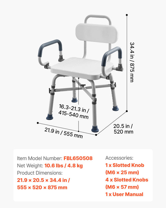 Swivel Shower Chair With Arms And Back, 500 Lbs Heavy Duty Bench Seat For Inside Shower Stall And Bathtub, Height Adjustable Bathroom Bath Tub Seat For Adults, Seniors, Elderly And Disabled