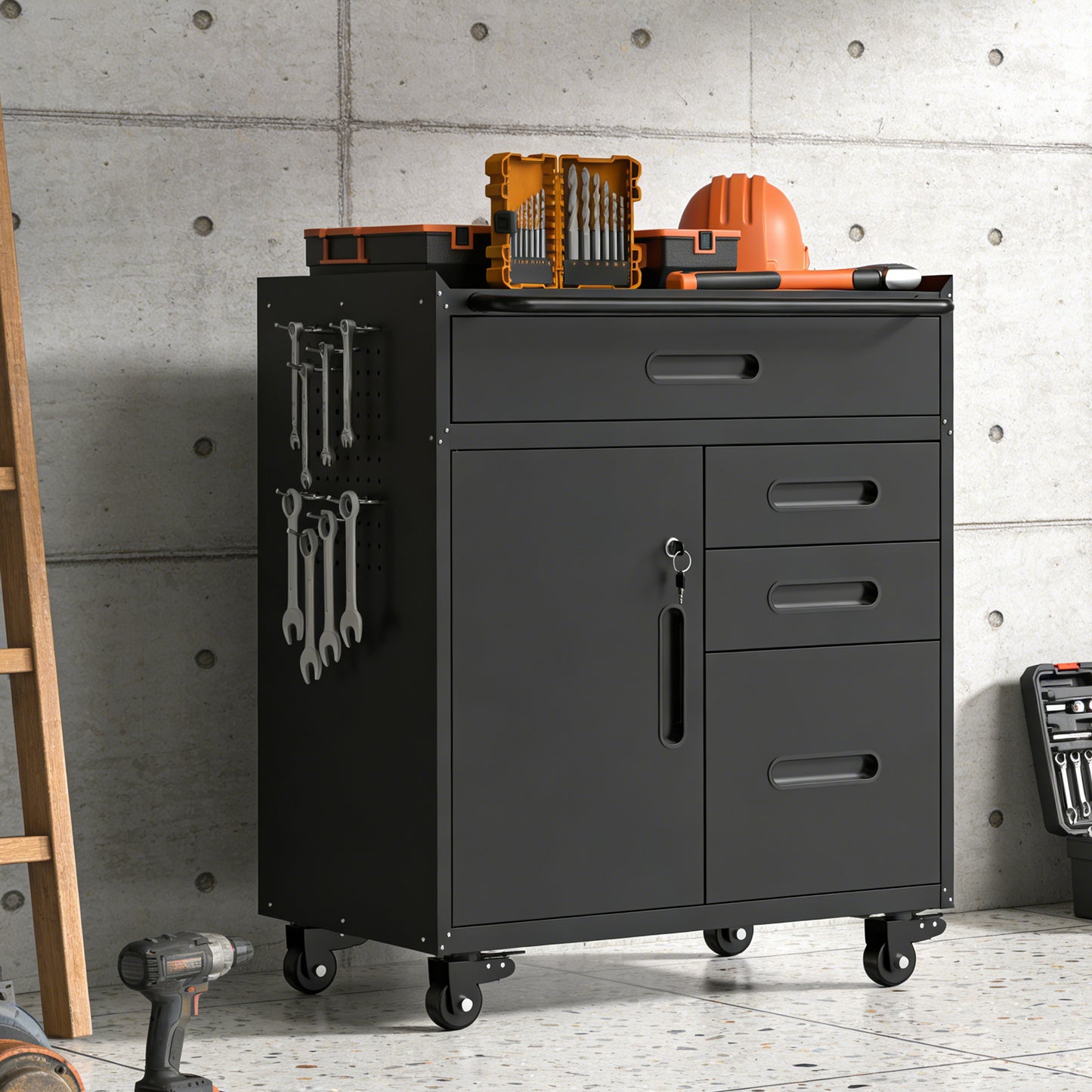 34.3 Mobile Tool Storage Cabinet - Garage Organizer With Lockable Compartment & 4 Drawers, Rolling Steel Chest For Workshop And Home Garage