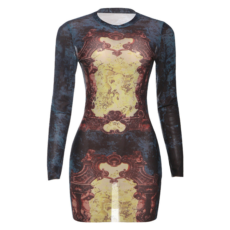 Body-hugging A-line Skirt With A Printed Long-sleeve Dress