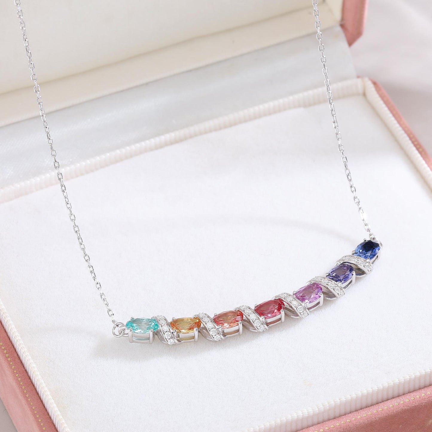 S925 Sterling Silver Rainbow Lab-Grown Gemstone Necklace 45cm Oval Cut With D Color VVS1 Moissanite Platinum Plated GRA Certified Gift Box
