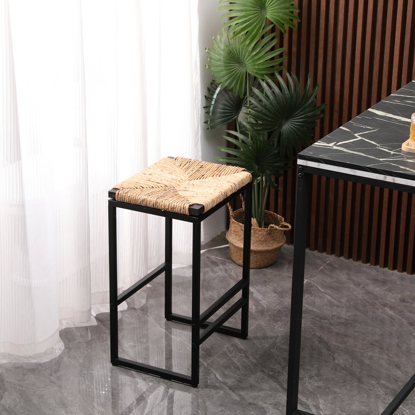 Set Of 2 Water Hyacinth Woven Bar Stools For Kitchen Counter Water Hyacinth Grass Backless Barstools With Footrest  Water Hyacinth Backless