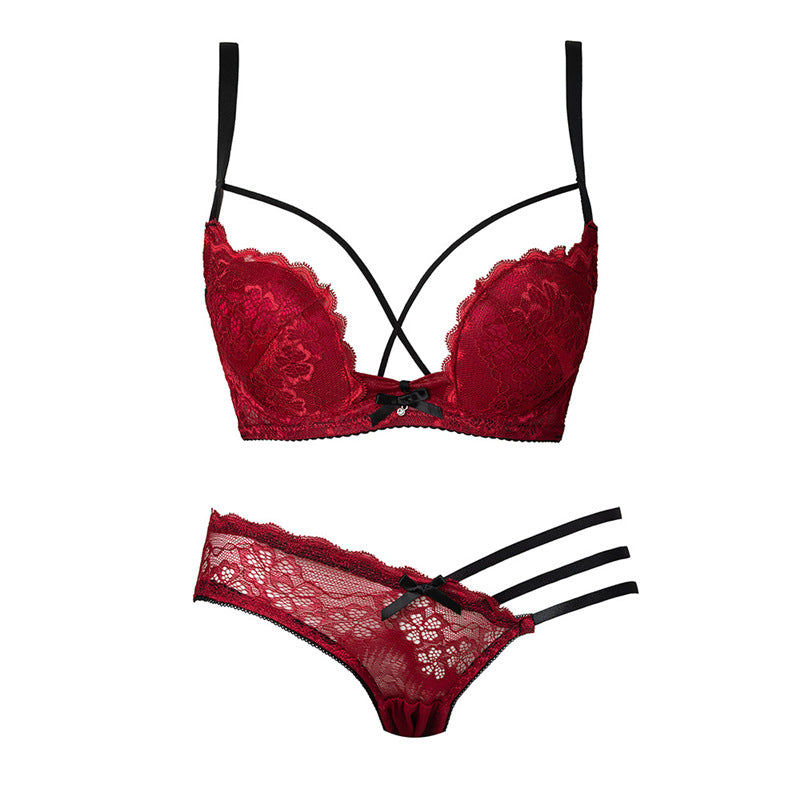 Sexy Lace Half Cup Pure Desire Push-up Beauty Back Red Bra Set