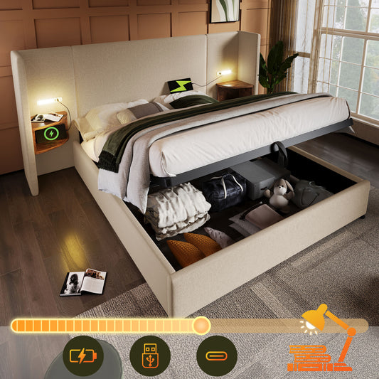 Upholstered Bed Double Bed 160x200 With Bedside Table, Reading Lamp And USB Type-C Charging Function, Bed System Storage Bed Frame With Slatted Frame Made Of Solid Wood And Metal, Beige, Linen Without