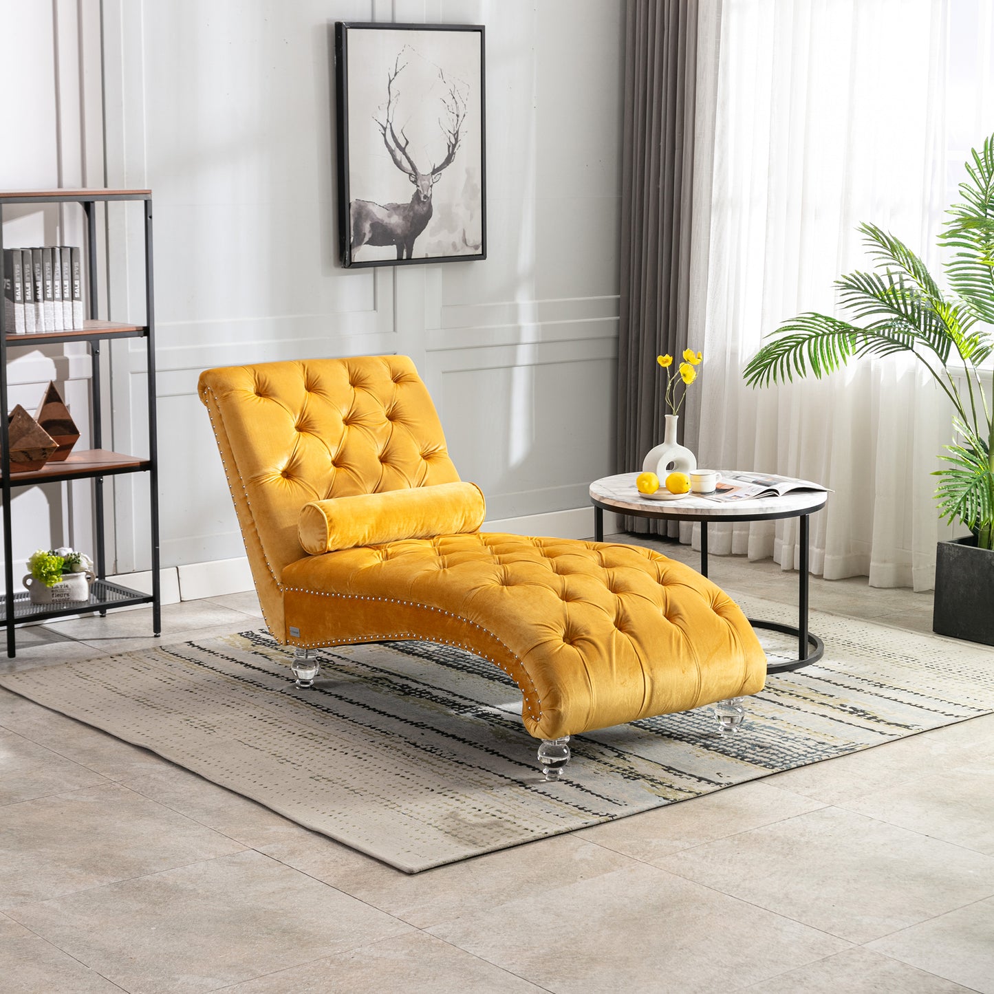Velvet Chaise Lounge Indoor,Button-Tufted Upholstered Chaise Lounge Chair With Pillow For Bedroom Living Room Office  Mustard Velvet