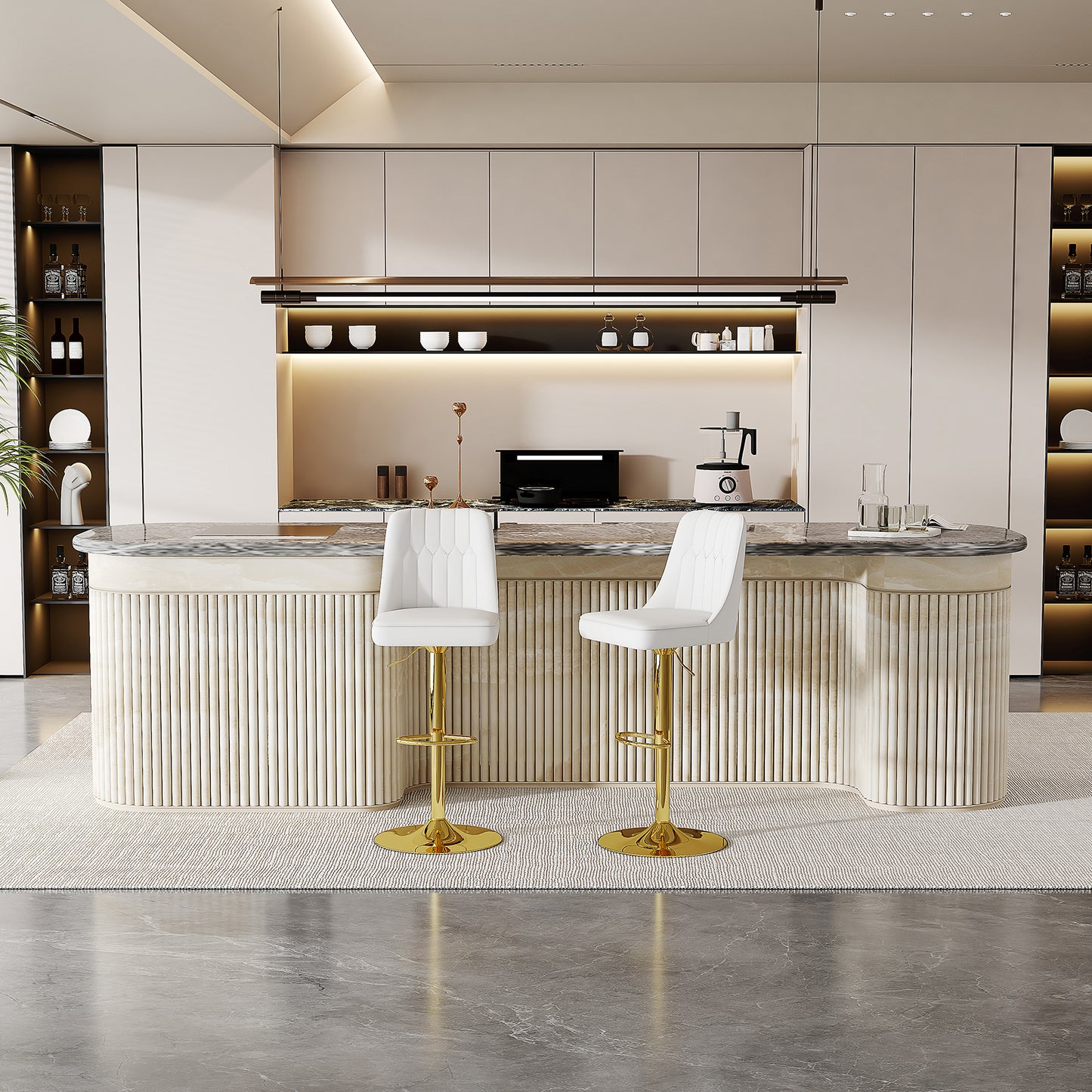 Height-adjustable Bar Stool In Set Of 2, 360  Swivel, Backrest With White PU Leather And Quilted Pattern, Legs Made Of Golden Metal. Suitable For Kitchen Islands And Bar Counters.