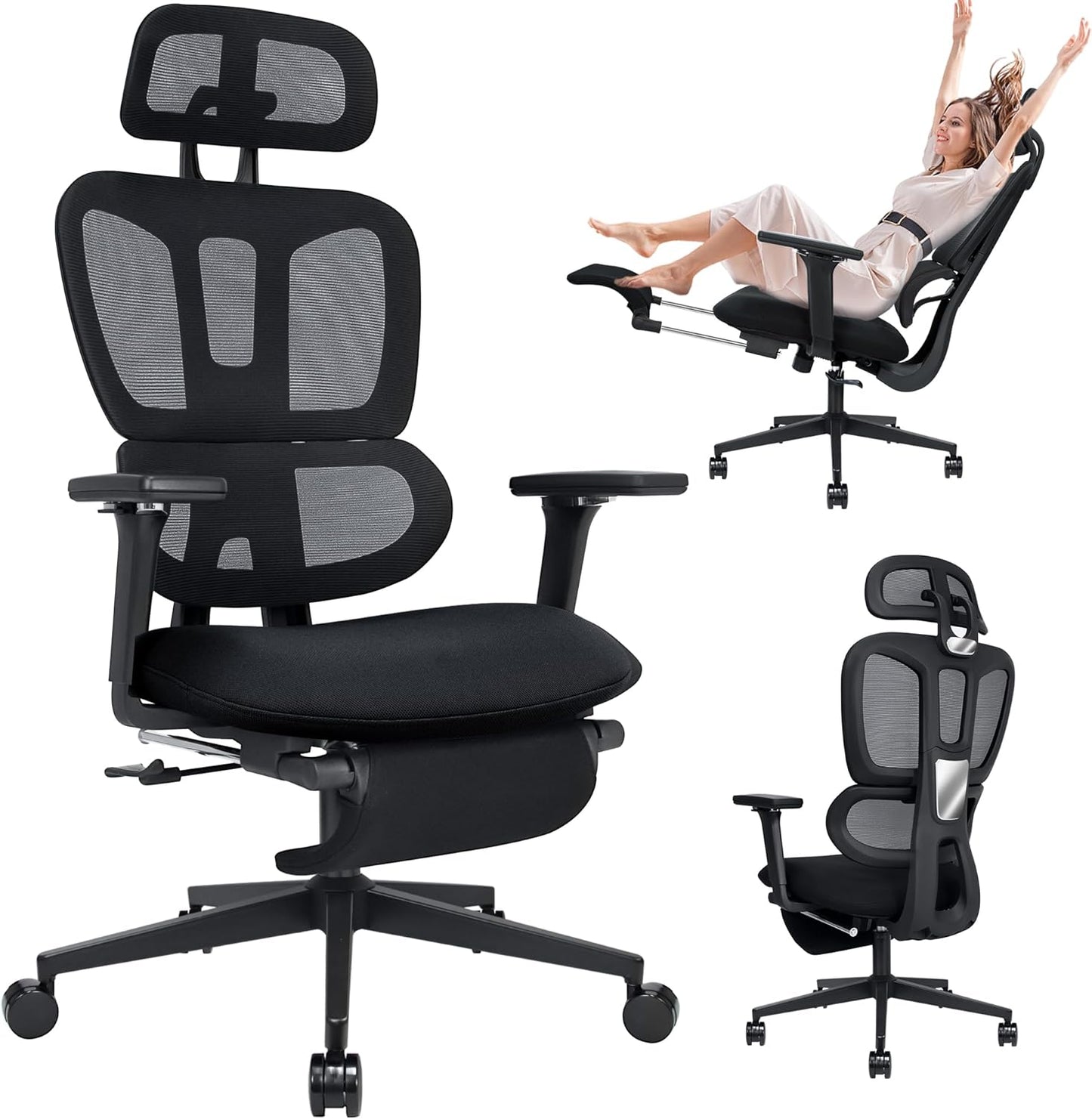 Ergonomic Office Chair With Footrest, High-back Computer Chair With Dynamic Lumbar Support, 2D Headrest & 4D Armrests, Sponge Cushion & Mesh Back, Home Office Chair For Adults, Black.