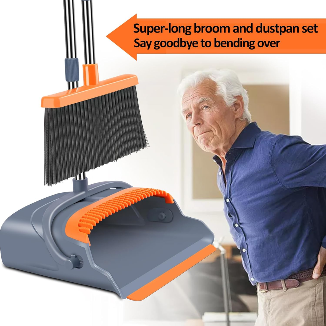 Upgrade Broom And Dustpan Set, Self-Cleaning With Dustpan Teeth, Indoor&Outdoor Sweeping, Ideal For Dog Cat Pets Home Use, Stand Up Broom And Dustpan Gray&Orange