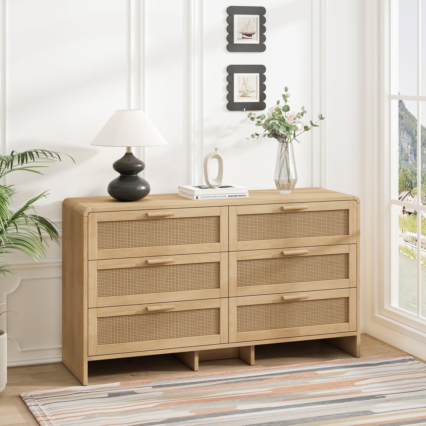130CM  Shaped Corner Rattan Cabinet, 6-Drawers Rattan Storage Cabinet Rattan Drawer, For Living Room Bedroom,and Kitchen, Natural