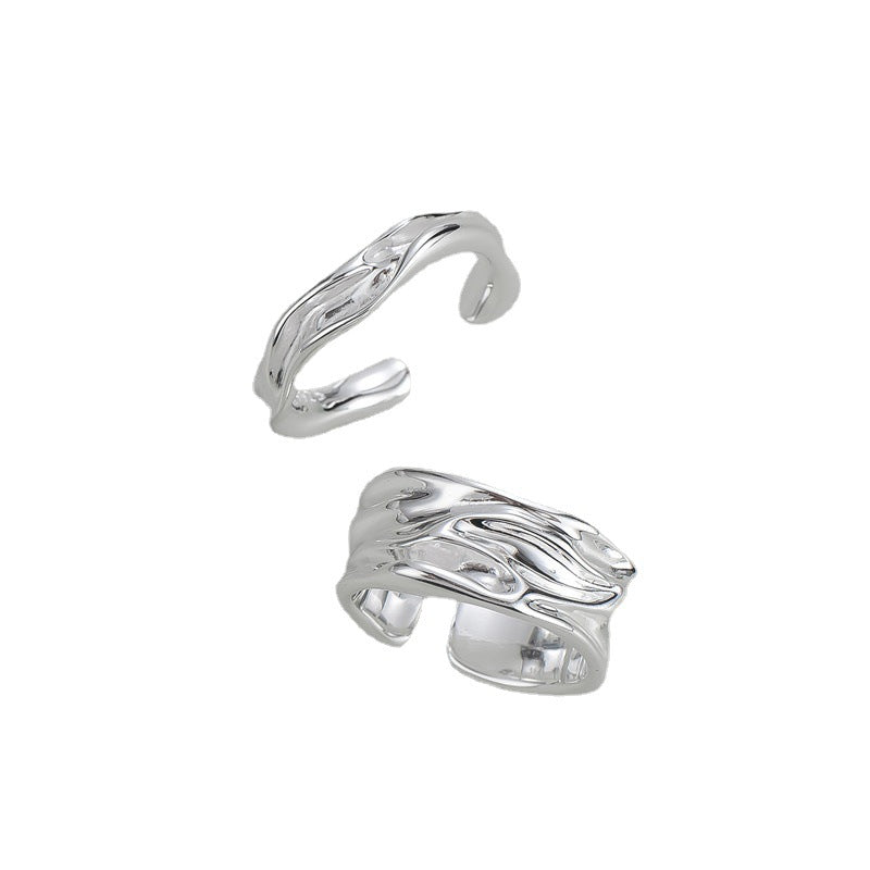 925 Sterling Silver Korean Style Irregular Stream Texture Ring, Textured Streamlined Design, INS Minimalist Fashion Statement Ring For Bloggers