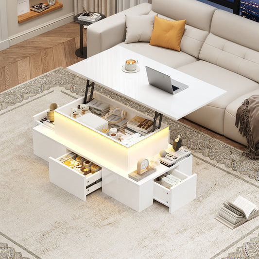 Liftable Coffee Table With 4 Drawers, High-gloss Side Table With LED Lighting, Sofa Table, Coffee Table, Living Room Table With Hidden Storage, White, MDF