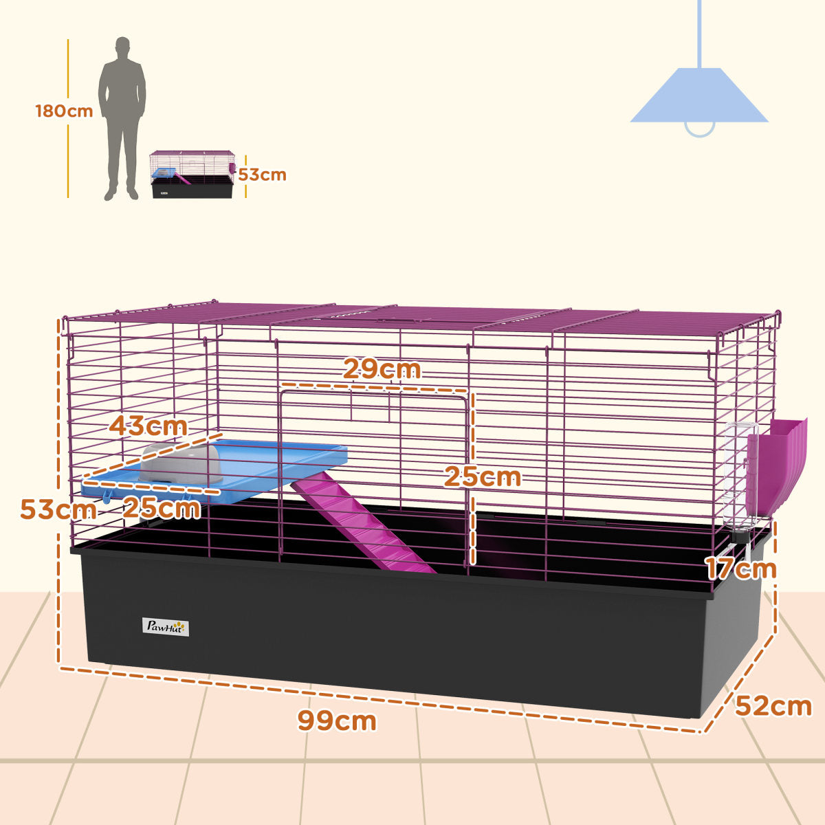 PawHut Chinchillas Small Rabbit Guinea Pig Small Animal Cage, Pet Playhouse, With Platform, Ramp, 99 X 52 X 53cm, Black