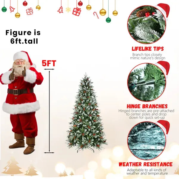 Artificial 5ft Green Christmas Tree With 1113PE/PVC Mixed Branch Tips,Red Fruit And Pine Cone,Hinged Premium & Foldable Base For Indoor Holiday Decorating