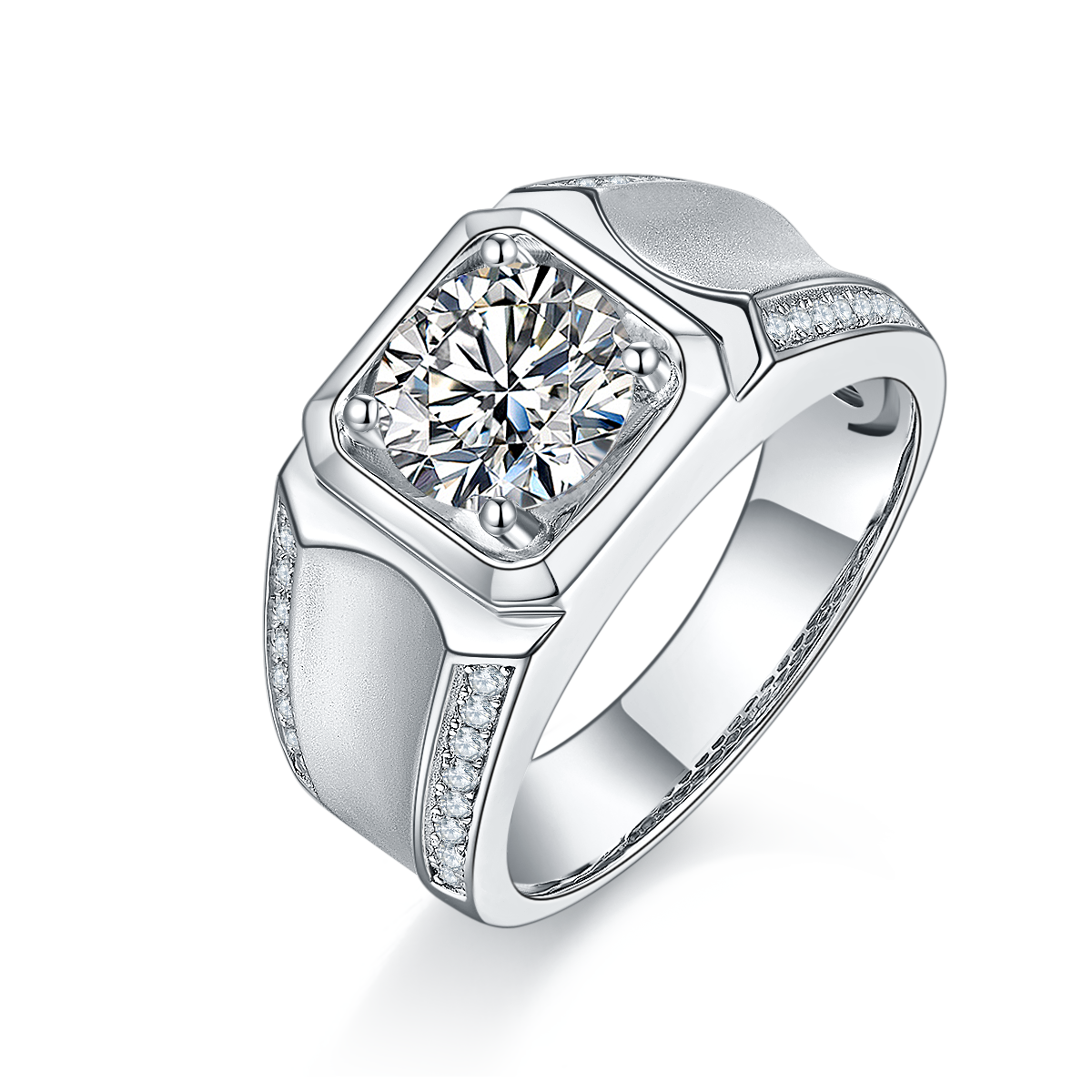 S925 Sterling Silver 2ct Moissanite Men's Ring, D-VVS1 Octagon Bezel, Matte Pave Band, US Sizes 5-9, GRA Certificate Gift Box